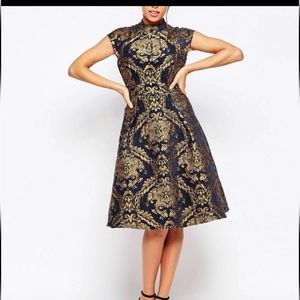 Chi Chi London Petite High Neck Baroque Print Structured Skater With Open Back